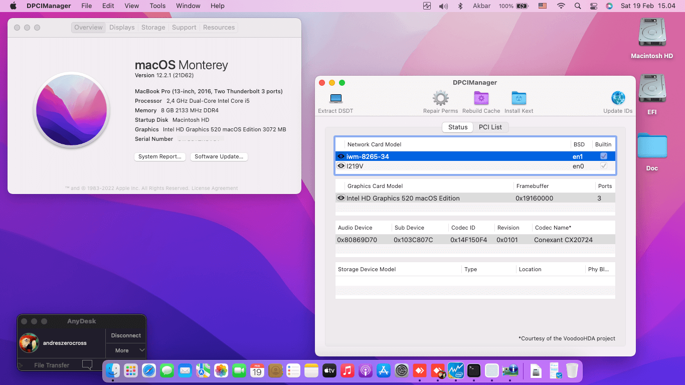 Success Hackintosh macOS Monterey 12.2.1 Build 21D62 in HP EliteBook 820 G3